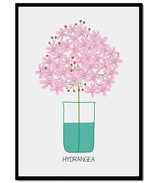 Illustration von Hortensienblüten in einer Vase mit eleganter Linienkunst