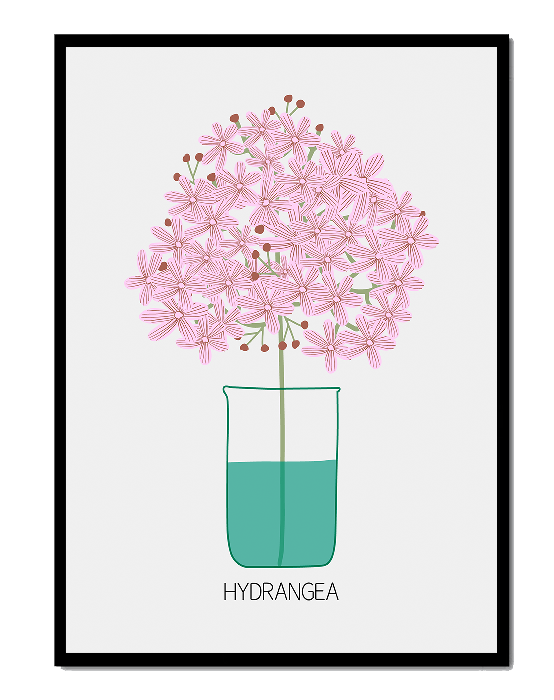 Illustration von Hortensienblüten in einer Vase mit eleganter Linienkunst