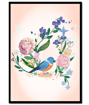 Delightful illustration of a bird amidst colorful flowers on a soft pink background
