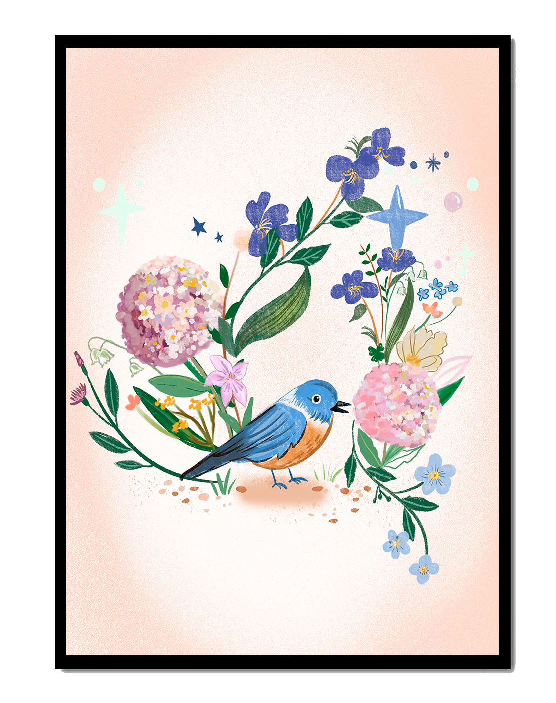 Delightful illustration of a bird amidst colorful flowers on a soft pink background
