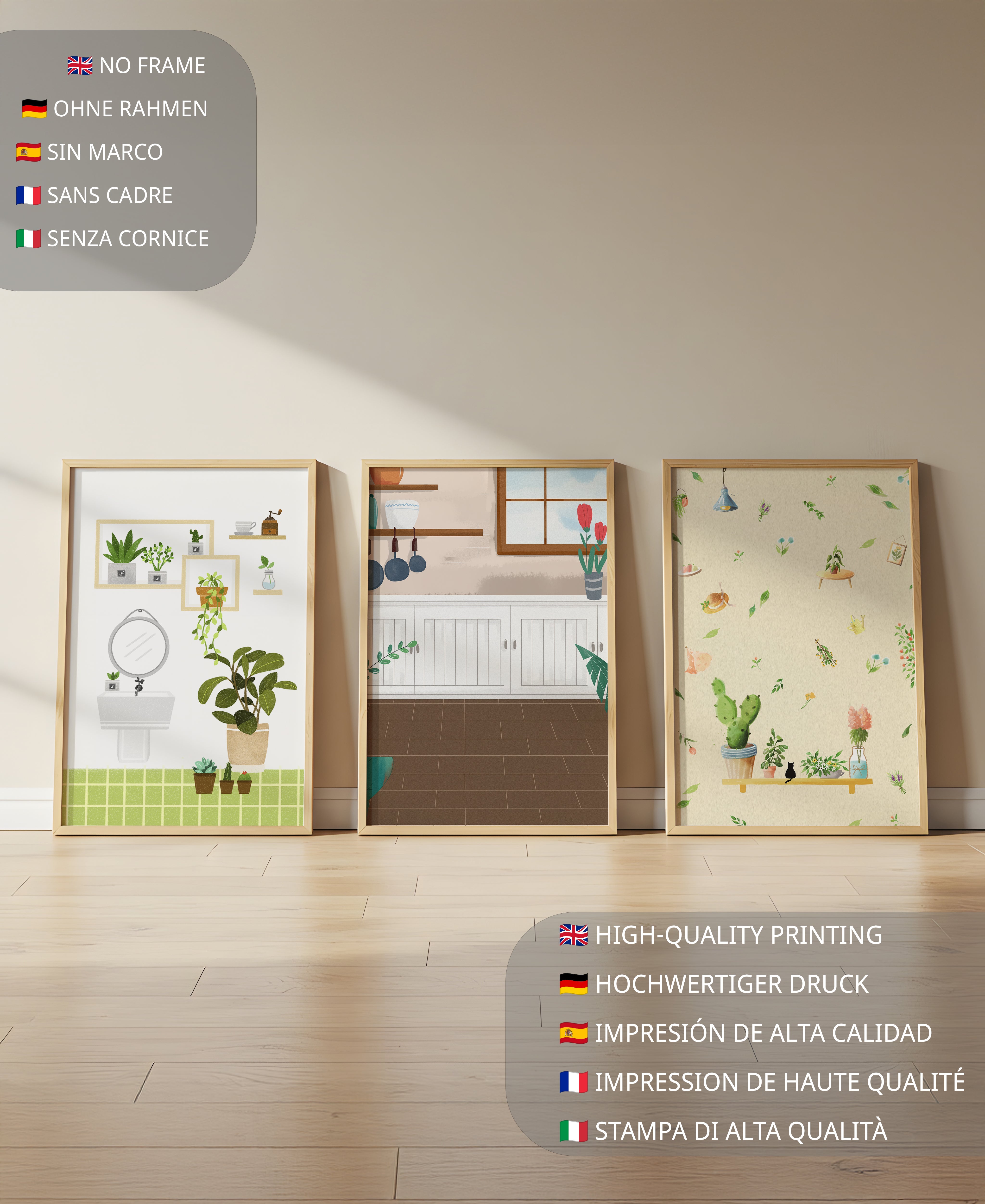 Arte de pared con temática de plantas y cocina moderna