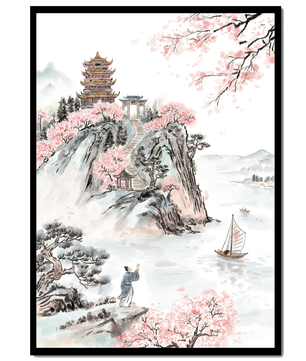 Tranquil Landscape with Cherry Blossoms and Traditional Pagoda