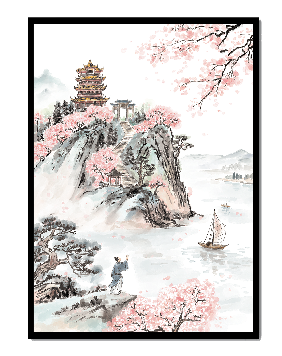 Tranquil Landscape with Cherry Blossoms and Traditional Pagoda