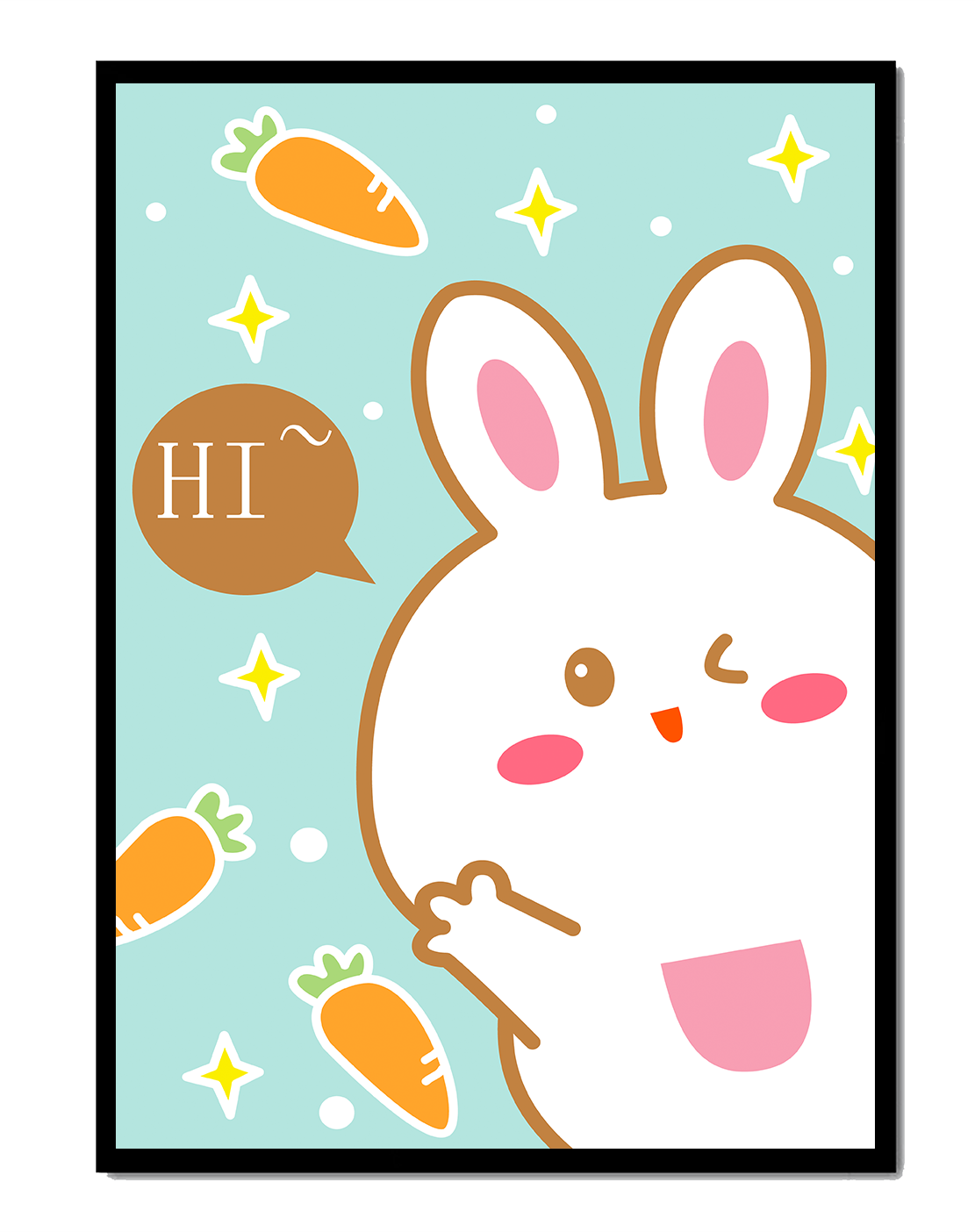 Playful cartoon bunny with carrots and stars on teal background