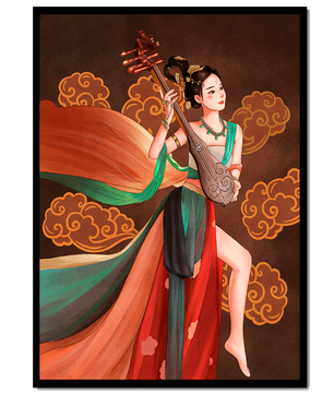 Elegante representación de una mujer tocando un instrumento de cuerda tradicional con ropajes fluidos y fondo ornamentado
