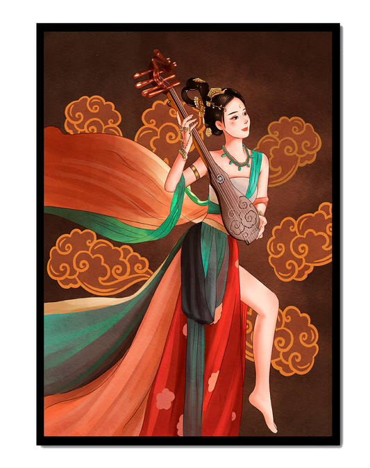 Elegant depiction of a woman playing a traditional string instrument with flowing garments and ornate background