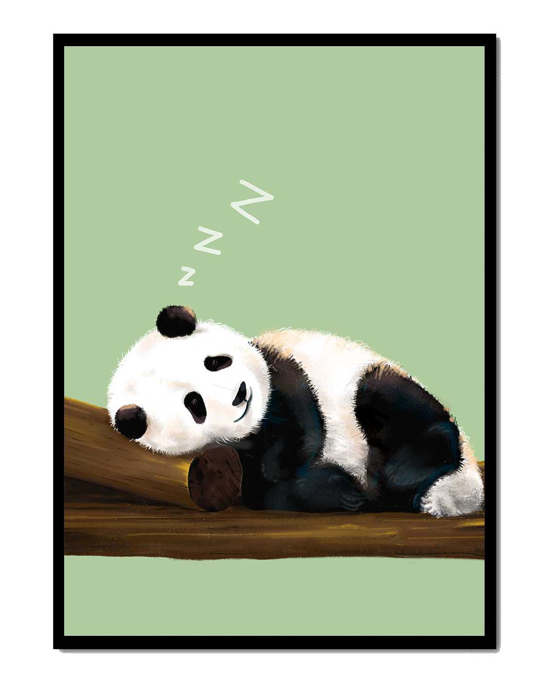 Peaceful panda resting on a log in a serene setting