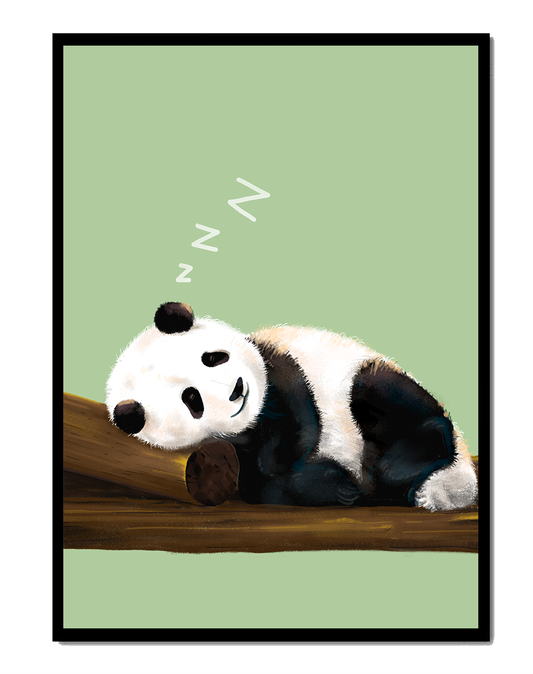 Peaceful panda resting on a log in a serene setting
