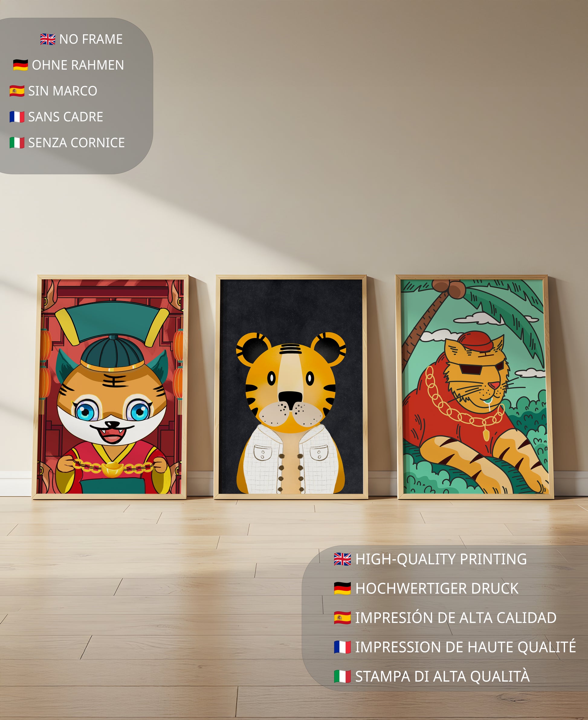 Impressions d’animaux colorés dans des cadres en bois