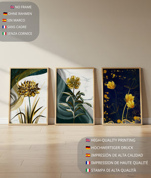 Ensemble d’Impressions de Fleurs Dorées et Vert Foncé sur Mur en Bois
