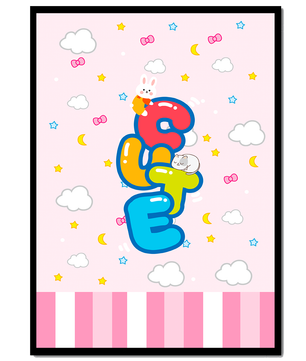 Playful pastel illustration with cute characters and clouds