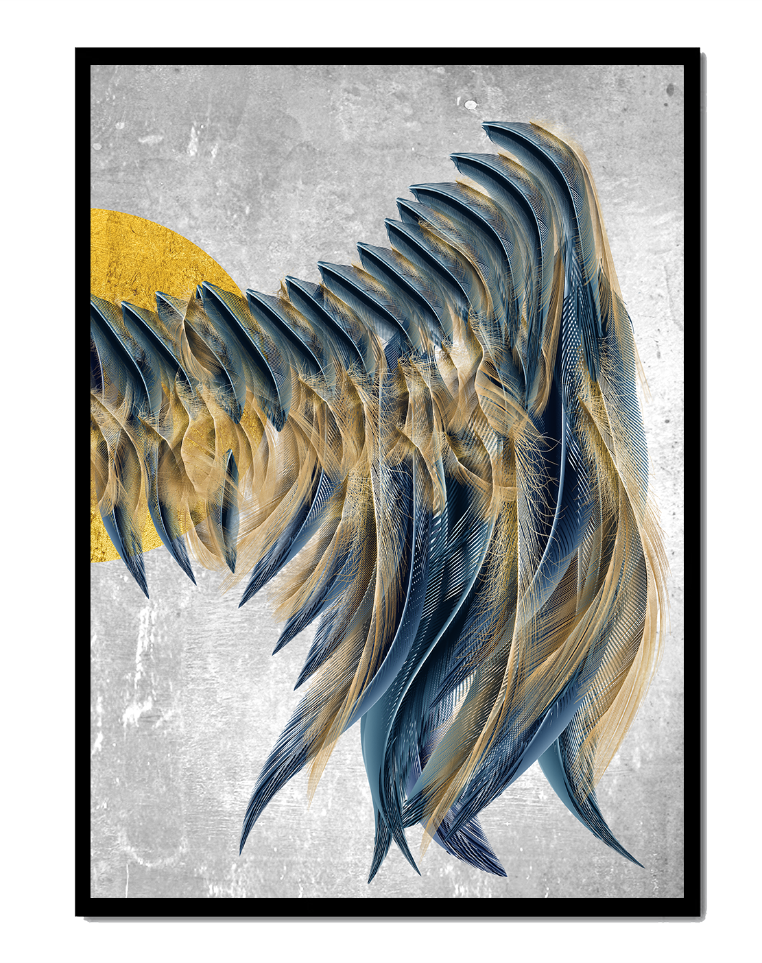 Composición abstracta con acentos azules y dorados sobre fondo texturizado
