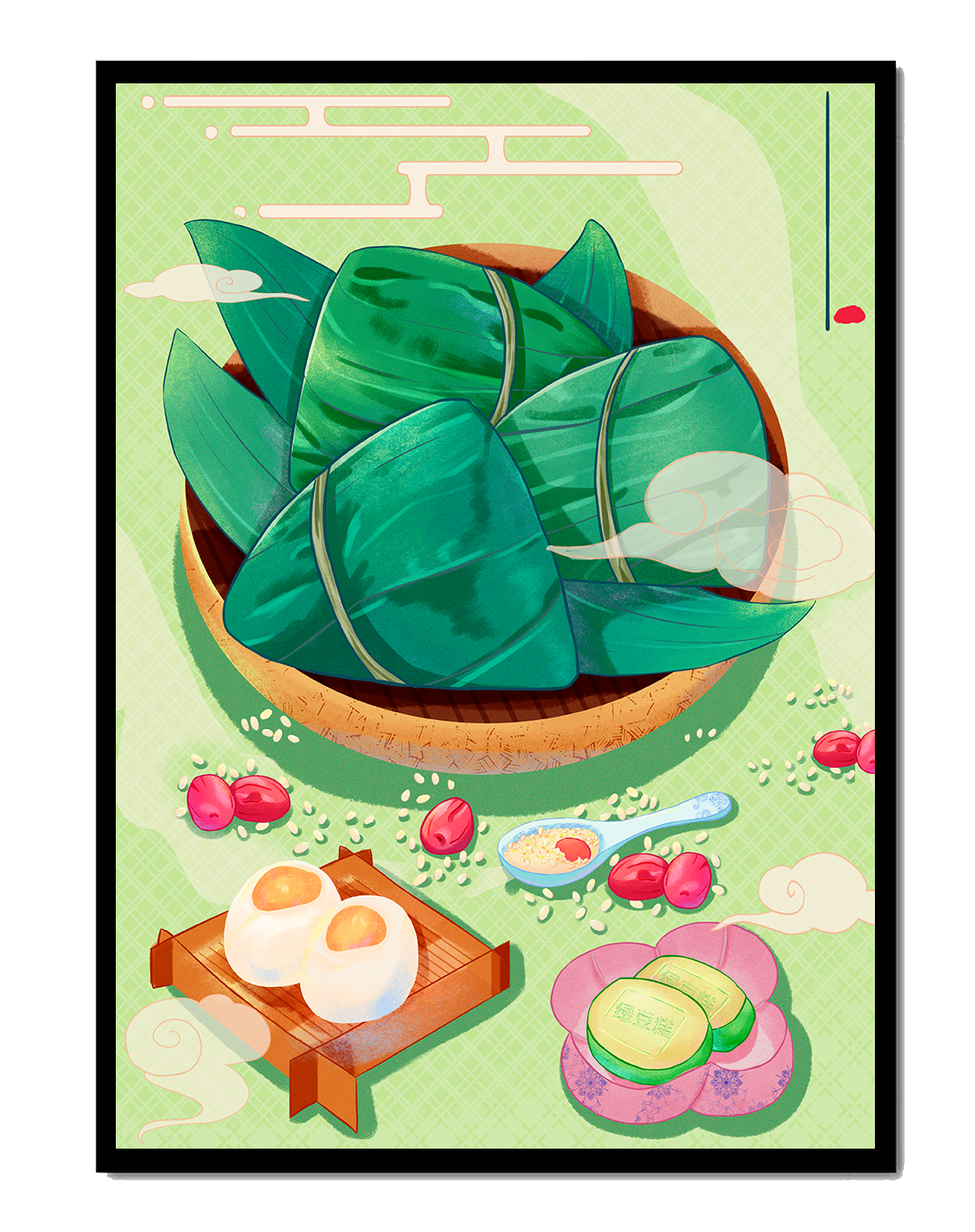 Traditional Asian food illustration with rice dumplings and mooncakes on a green background