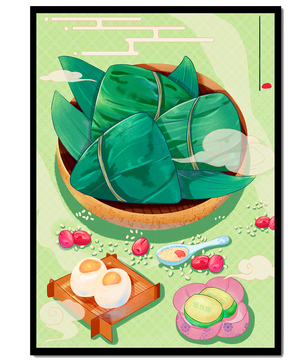 Traditional Asian food illustration with rice dumplings and mooncakes on a green background