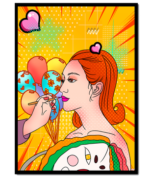 Retrato de mujer en arte pop colorido con globos y patrones vibrantes