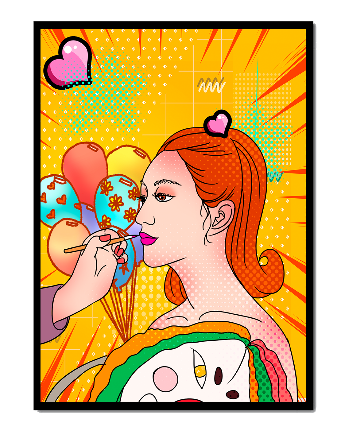 Colorful pop art woman portrait with balloons and vibrant patterns