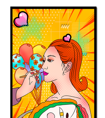 Colorful pop art woman portrait with balloons and vibrant patterns