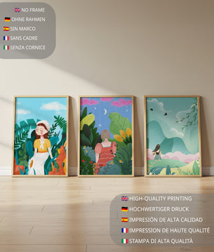 Ensemble de trois œuvres d'art colorées avec des paysages naturels et des figures humaines
