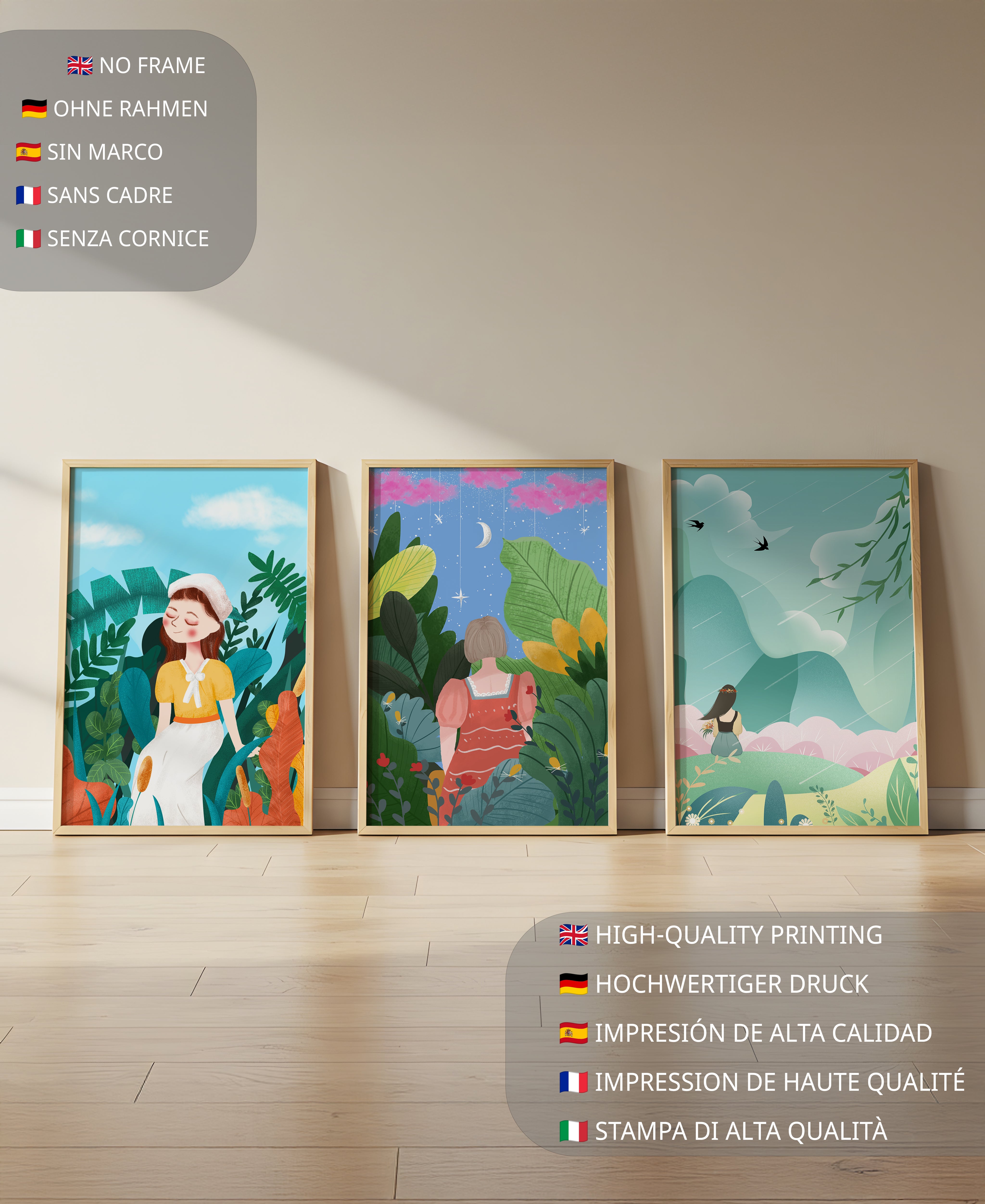 Conjunto De Tres Obras De Arte Coloridas Con Paisajes Naturales Y Figuras Humanas