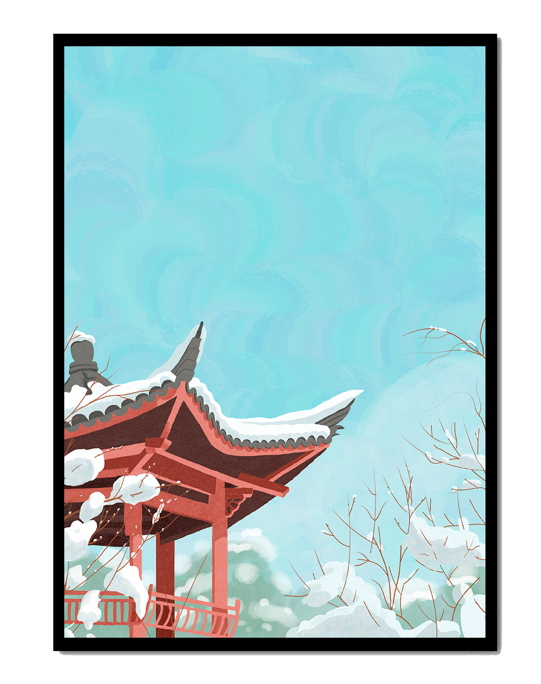 Snow-covered traditional pagoda under a clear blue sky