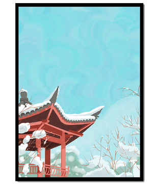 Snow-covered traditional pagoda under a clear blue sky
