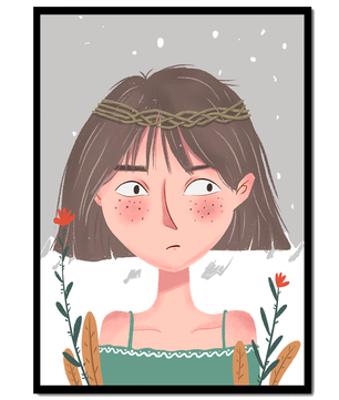Illustrated girl with a braided crown, floral accents, and expressive features