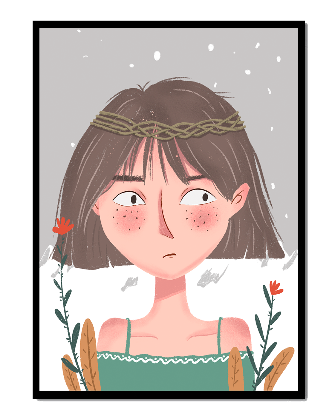 Illustrated girl with a braided crown, floral accents, and expressive features