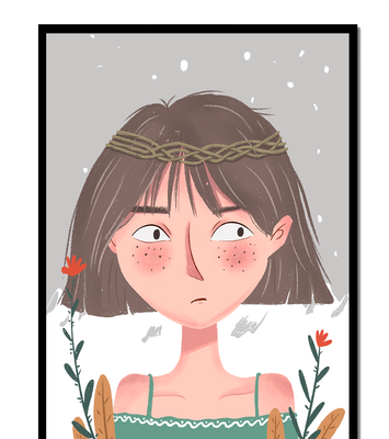 Illustrated girl with a braided crown, floral accents, and expressive features