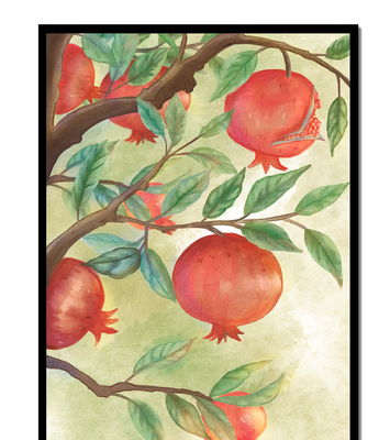 Watercolor illustration of pomegranates on a branch with leaves