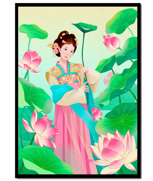 Traditional Asian woman in a garden surrounded by lotus flowers and green leaves