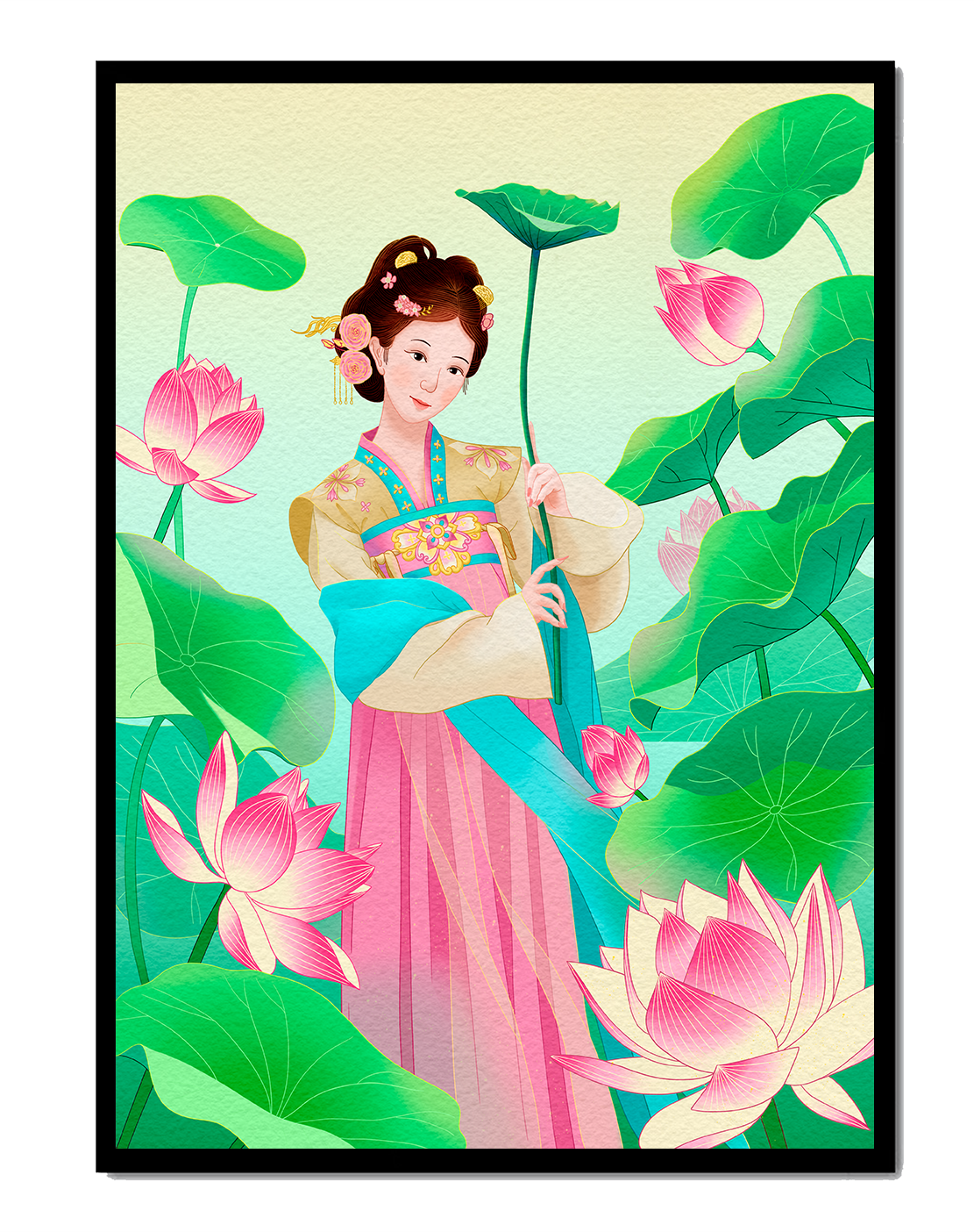 Traditional Asian woman in a garden surrounded by lotus flowers and green leaves
