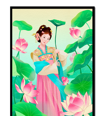 Traditional Asian woman in a garden surrounded by lotus flowers and green leaves