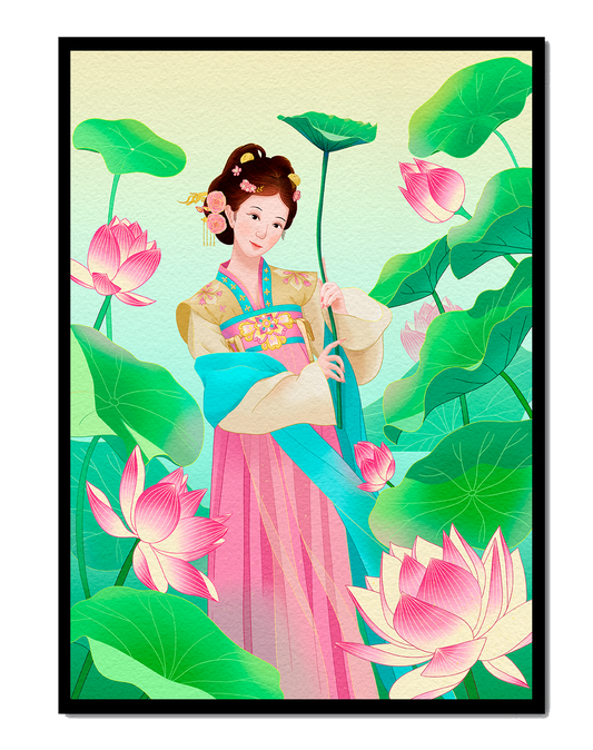 Traditional Asian woman in a garden surrounded by lotus flowers and green leaves