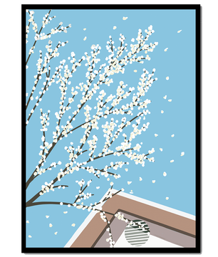 Blooming Branches Against a Clear Sky with Geometric Shapes