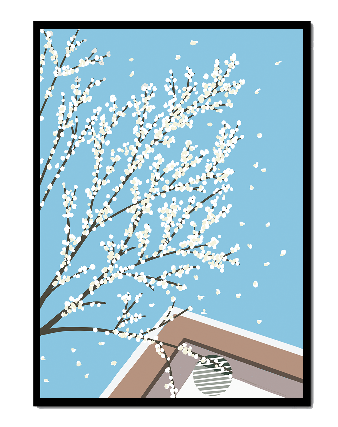 Blooming Branches Against a Clear Sky with Geometric Shapes