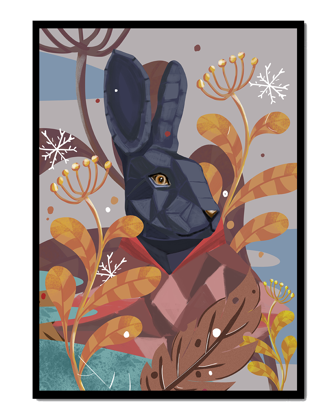 Abstract geometric rabbit in a vibrant autumn floral setting