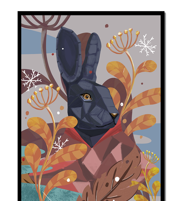 Abstract geometric rabbit in a vibrant autumn floral setting