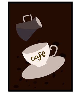Taza de café minimalista con jarra vertiendo sobre fondo oscuro
