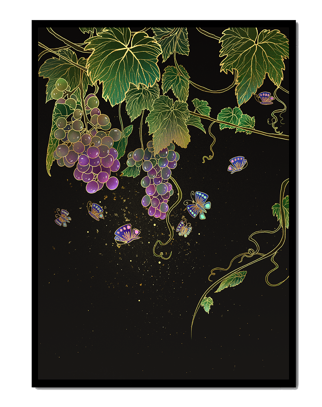 Uvas elegantes y mariposas sobre un fondo oscuro