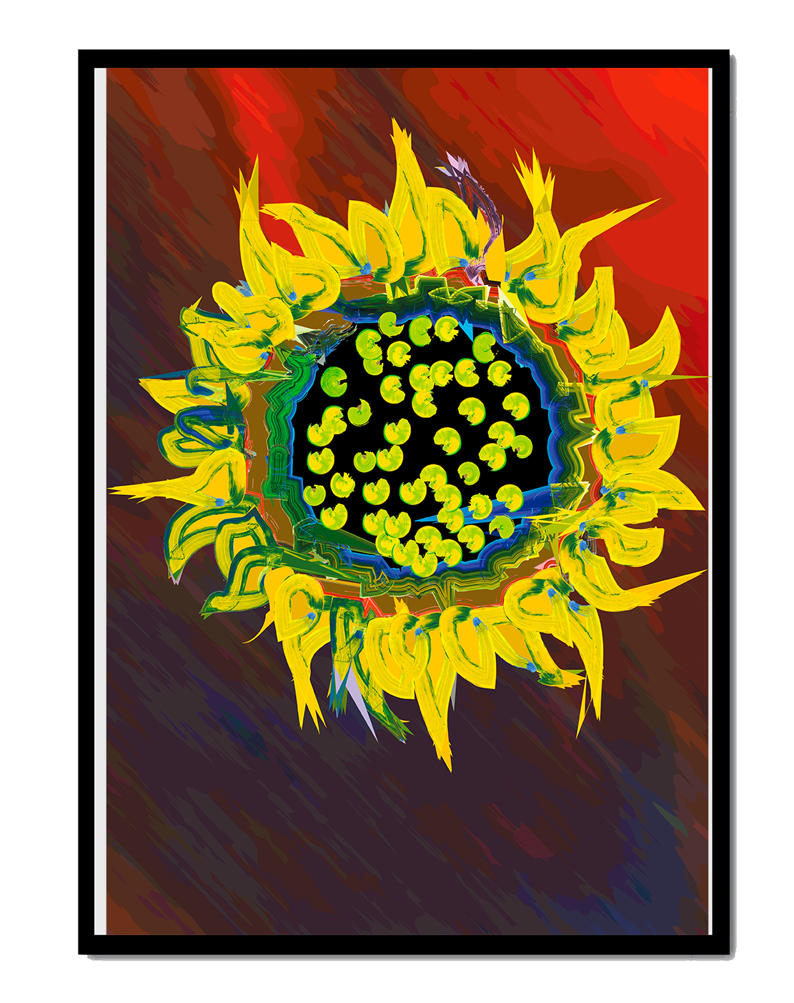Vibrant digital sunflower with dynamic yellow petals on red background