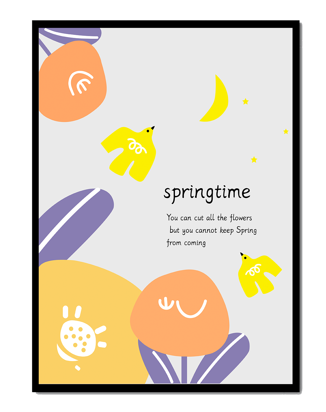 Abstract night sky with flying birds and floral motifs