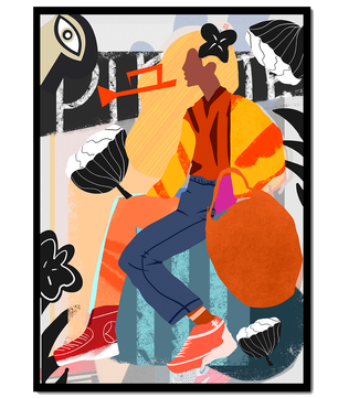 Colorful abstract fashion illustration with floral and geometric elements