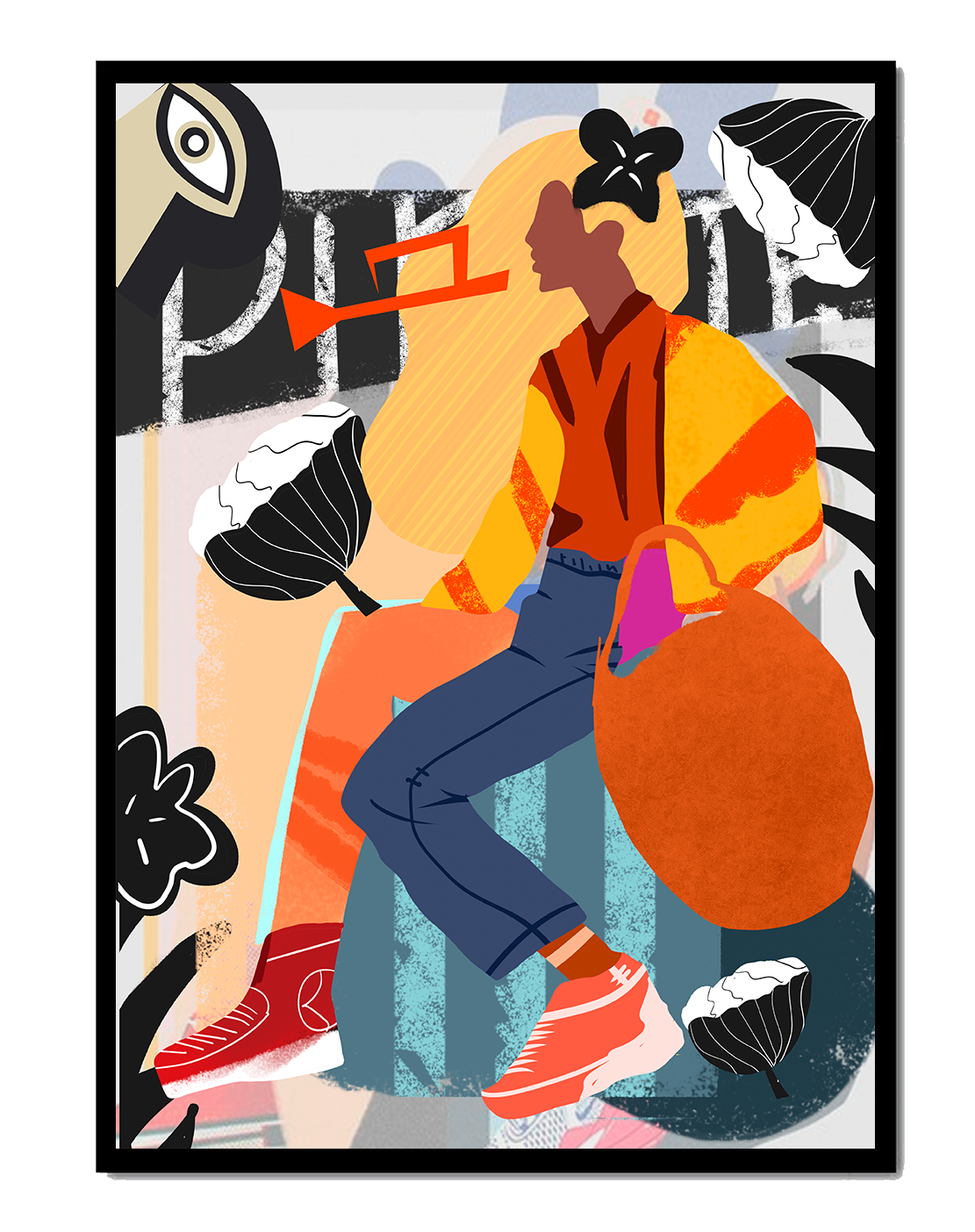 Colorful abstract fashion illustration with floral and geometric elements