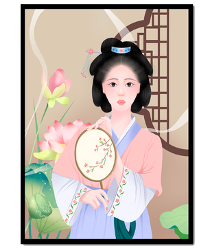 Elegant traditional Asian woman in pastel attire with floral background