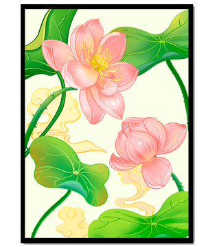 Illustration of pink lotus flowers with green leaves on a pastel background
