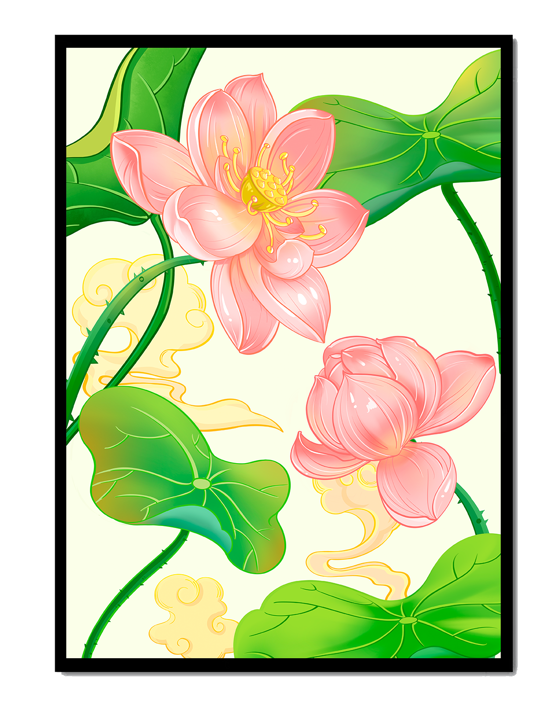 Illustration of pink lotus flowers with green leaves on a pastel background