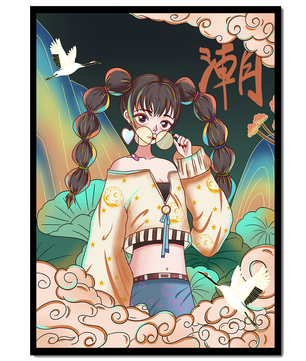 Anime girl with glasses surrounded by nature and cranes