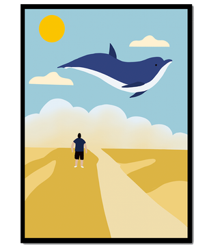 Surreal Landscape with Flying Blue Whale and Human on Desert Path