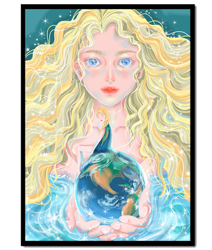 Fantasy artwork of woman holding earth with shimmering details