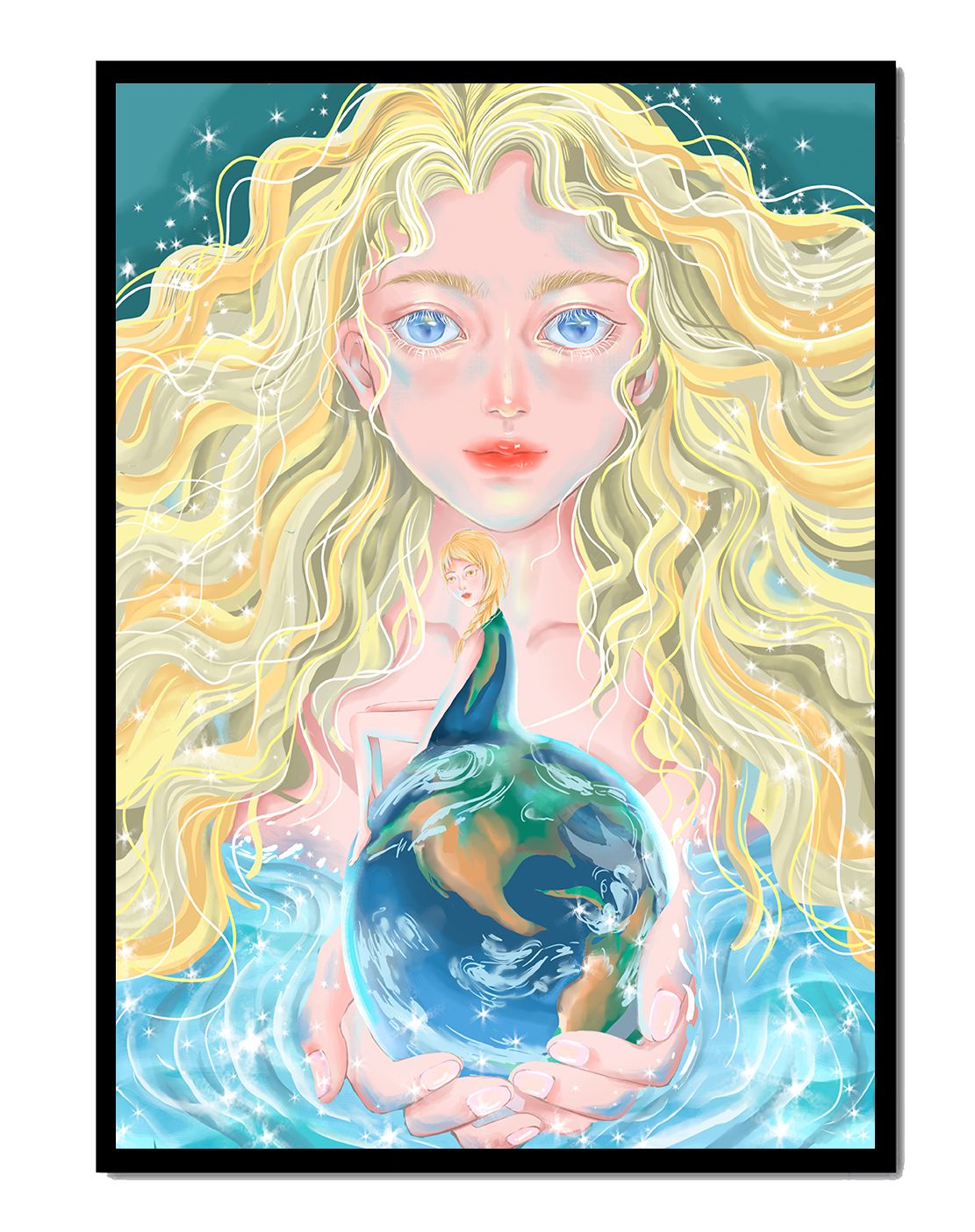 Fantasy artwork of woman holding earth with shimmering details